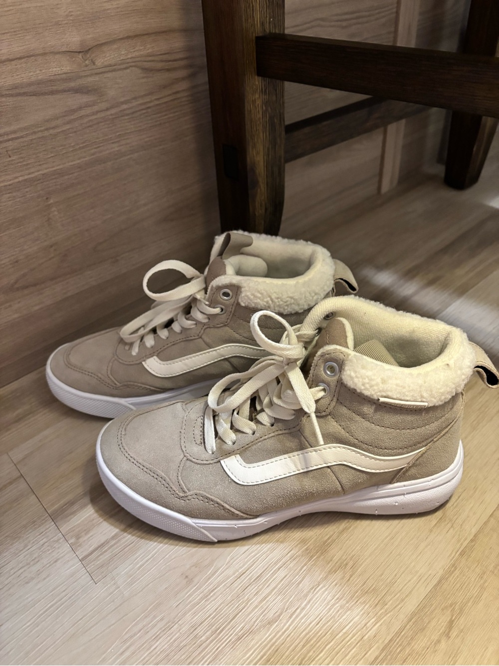 Beige High-Top Vans with Fuzzy Collar